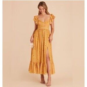 Birdy Grey Dress Womens Medium Yellow Floral Ruffle Sleeve Midi Bridesmaid Lined